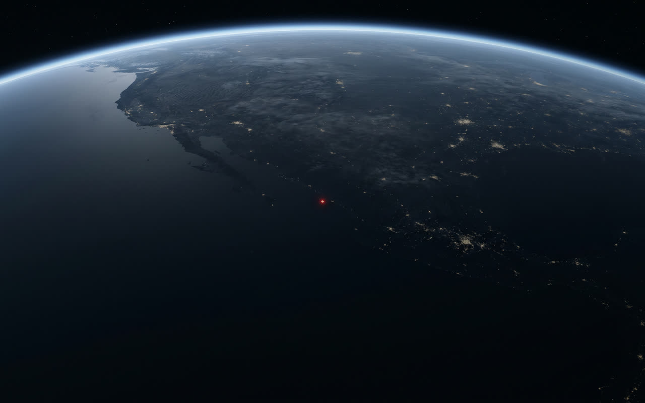 Conceito visual da Terra à noite vista da órbita, com um ponto de luz vermelha no centro