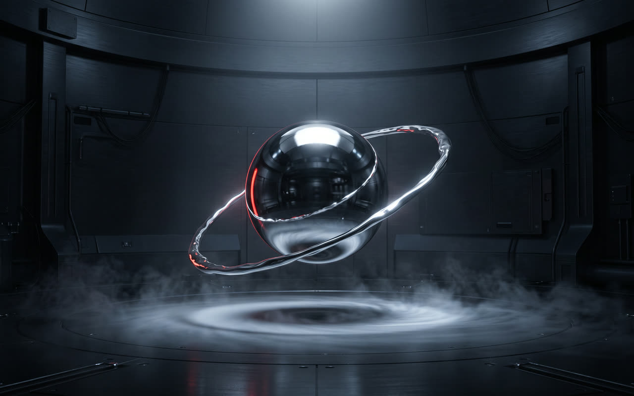 Conceito visual da JETT: uma esfera cromada dentro de um anel orbital, num laboratório escuro